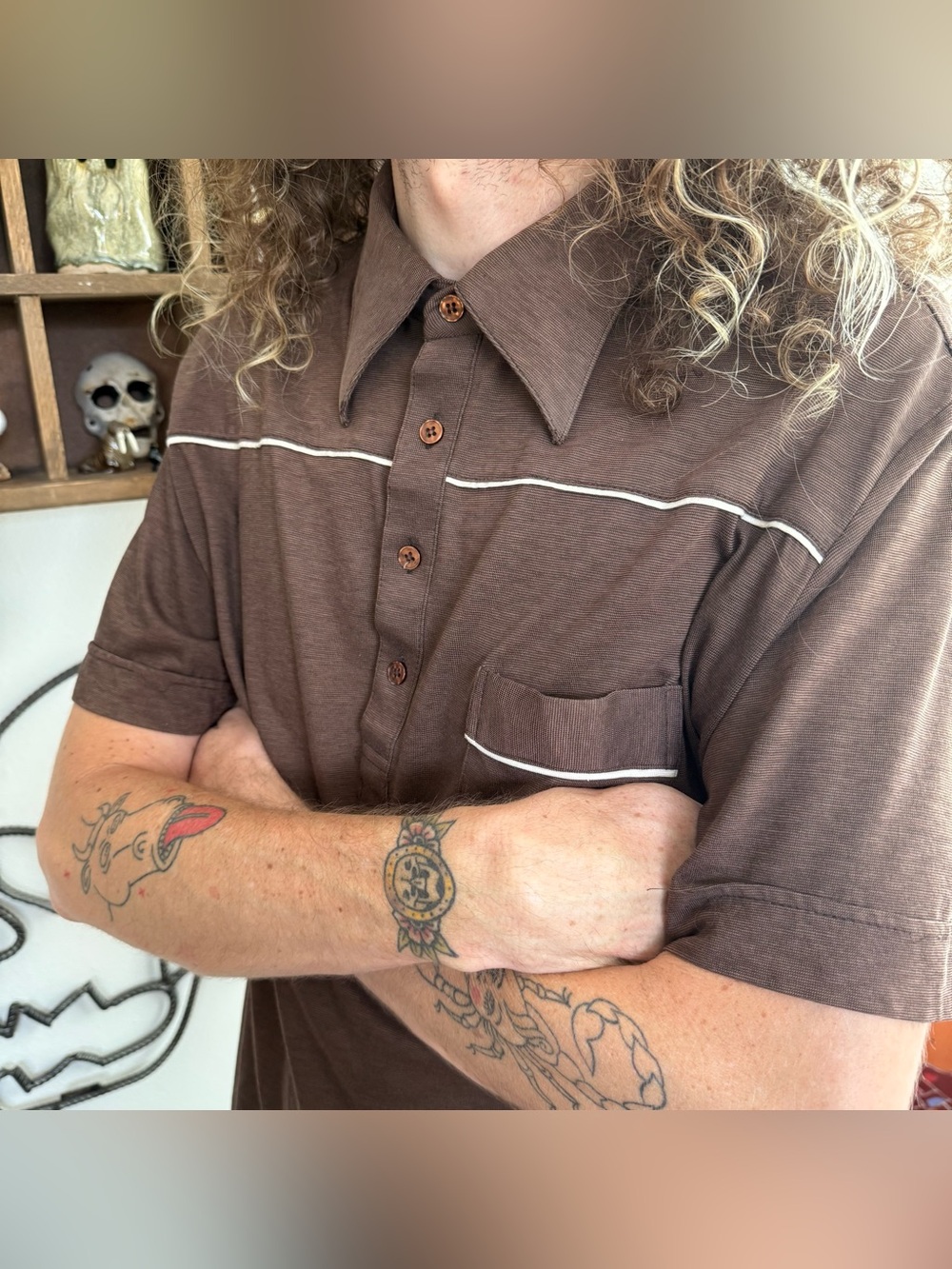 Vintage 70s Brown Short Sleeve Pocket Polo ~ Size Medium - Picture 5 of 10